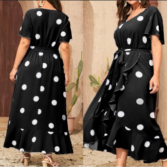 Plus Boho Blue  Polka Dot Ruffle Maxi Dress - Picture 4 of 11